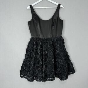 Adrianna Papell Dress Womens 10 Black Floral Rosette Applique Satin Cocktail
